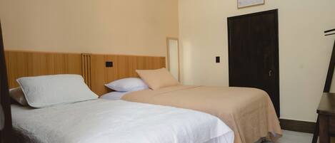 Una habitación con dos camas, un cabecero de madera, una puerta y un cuadro enmarcado en la pared.
