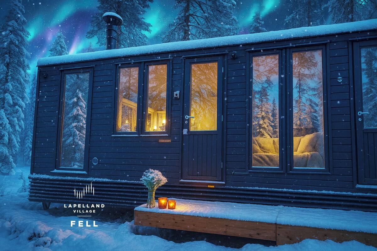 A cabin with multiple windows, a wooden deck, and a snow-covered roof.