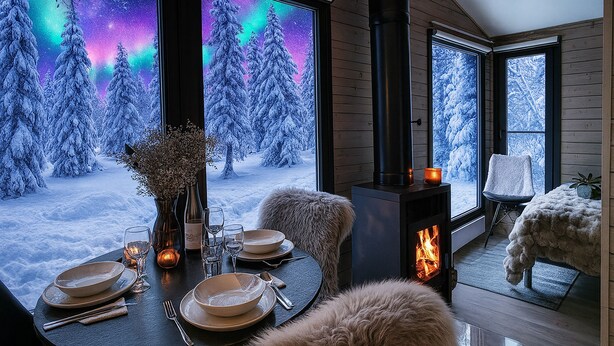 A cozy room with a fireplace, a dining table set for two, and a large window displaying a snowy forest scene. - Lapland Fell Village (Sodankyla)