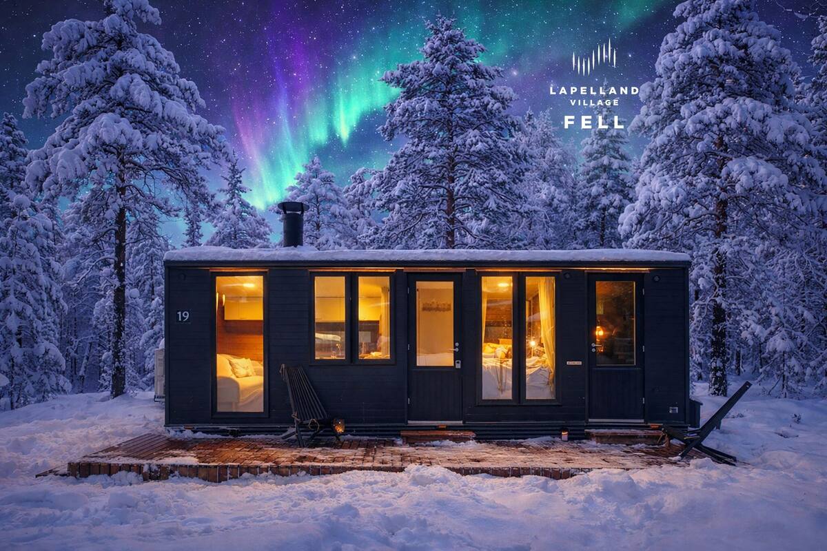 A cozy cabin with a warm interior, surrounded by snow-covered trees and a starry night sky.