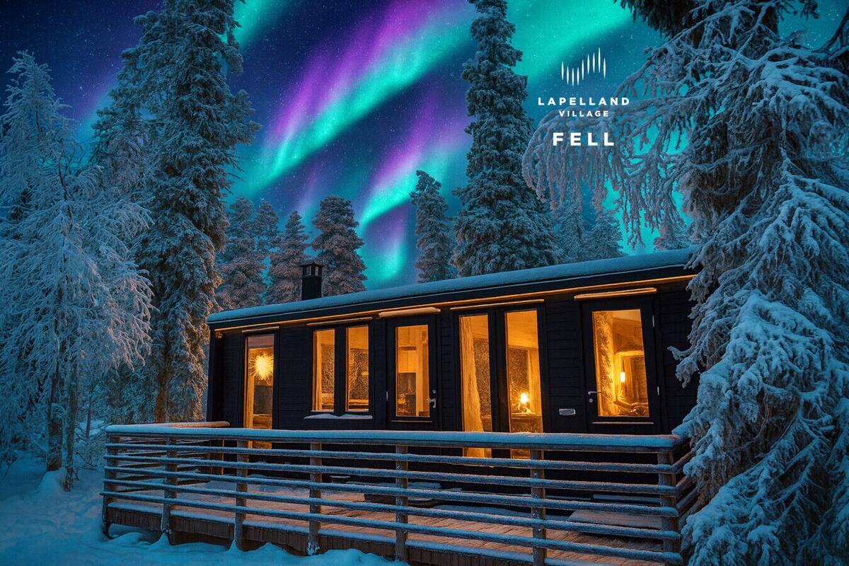 A cabin with multiple windows, surrounded by snow-covered trees, under a night sky with aurora borealis.
