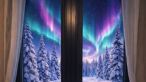A bedroom with a view of the Northern Lights through a window, a snowy forest, and a fur-covered bed. - Lapland Fell Village (Sodankyla)