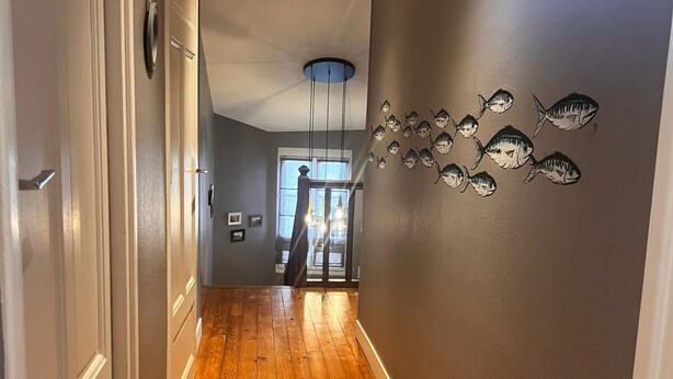 Un corridoio con pavimento in legno, una parete decorata con adesivi a tema pesce e un soffitto con faretti.