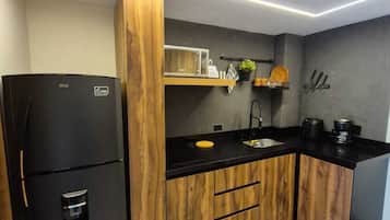 Suite (302) | Cocina privada | Frigorífico grande, microondas, placa de cocina y cafetera o tetera