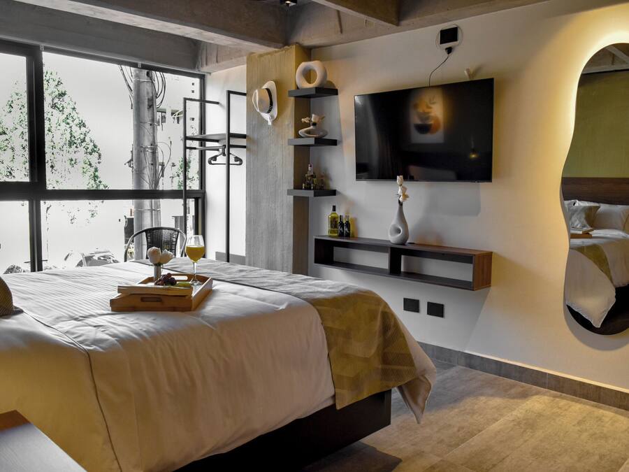 Minibar, desk, laptop workspace, blackout curtains