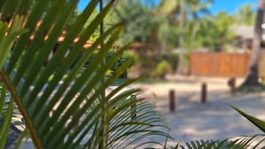 A sandy area with palm trees and a fence in the background. - Recanto Verde (Mata de Sao Joao)