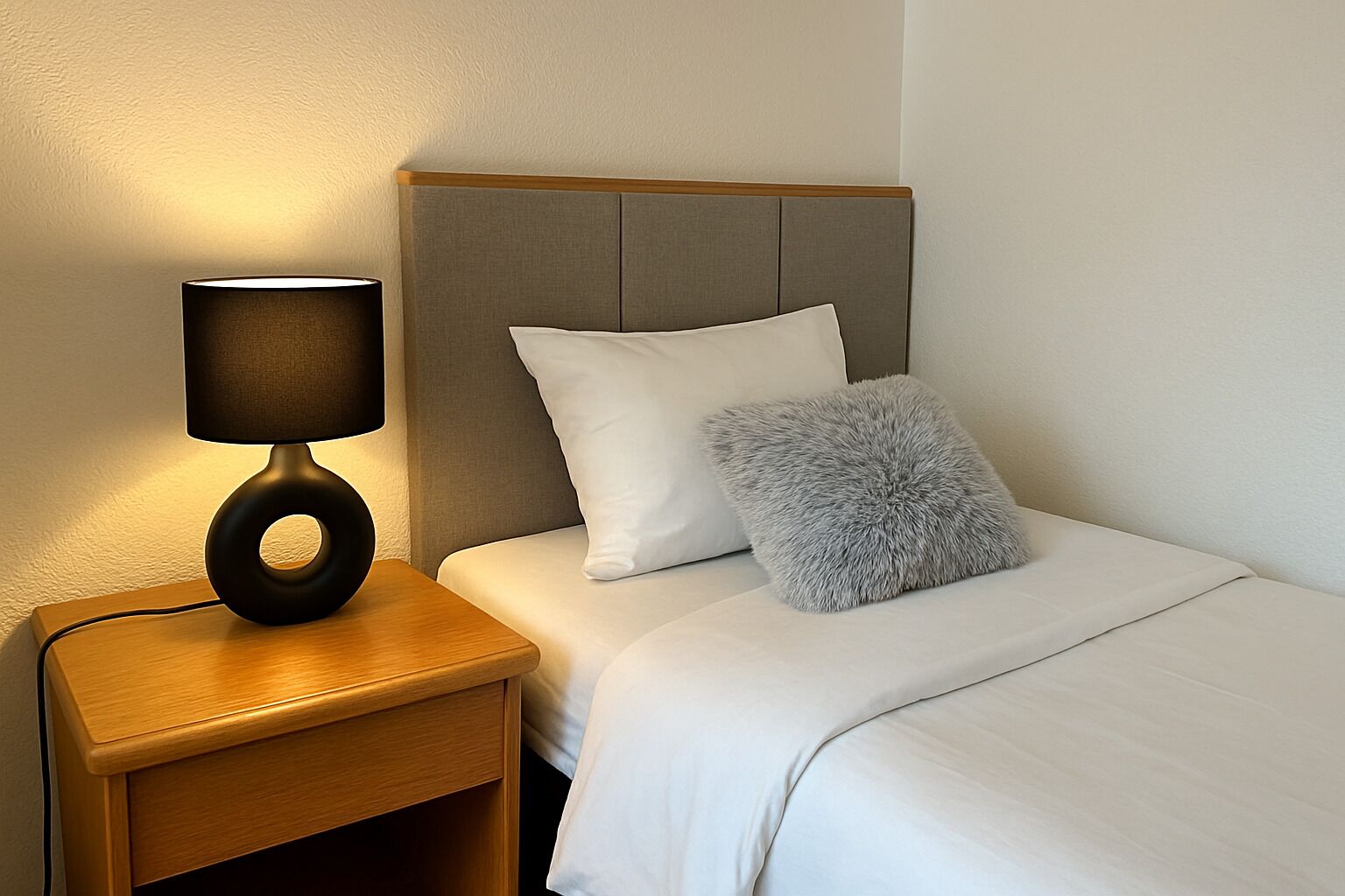 Un lit bien fait, avec une literie blanche et deux oreillers, dont un oreiller gris moelleux, et une table de chevet avec une lampe.