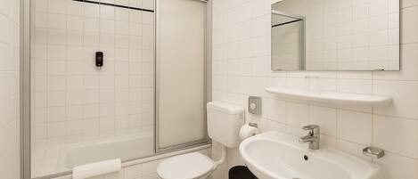 A modern bathroom with a glass-enclosed shower, a toilet, a sink, and a mirror.
