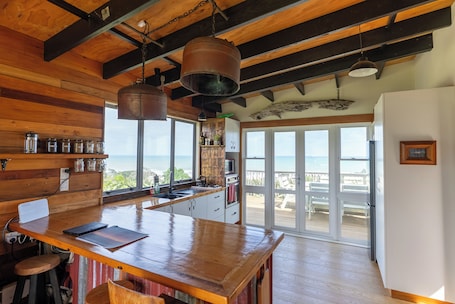Fridge, microwave, oven, stovetop. Rustic Mokau Escape with Ocean Views & Sauna