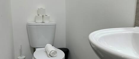 A bathroom with a toilet, a roll of toilet paper, a towel, and a large bathtub.