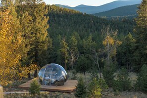 Eine transparente Kuppelkonstruktion auf einer Holzplattform, umgeben von einem Wald mit einem Bergmassiv im Hintergrund.