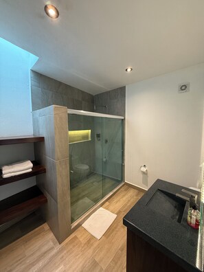 Shower, towels, soap, toilet paper