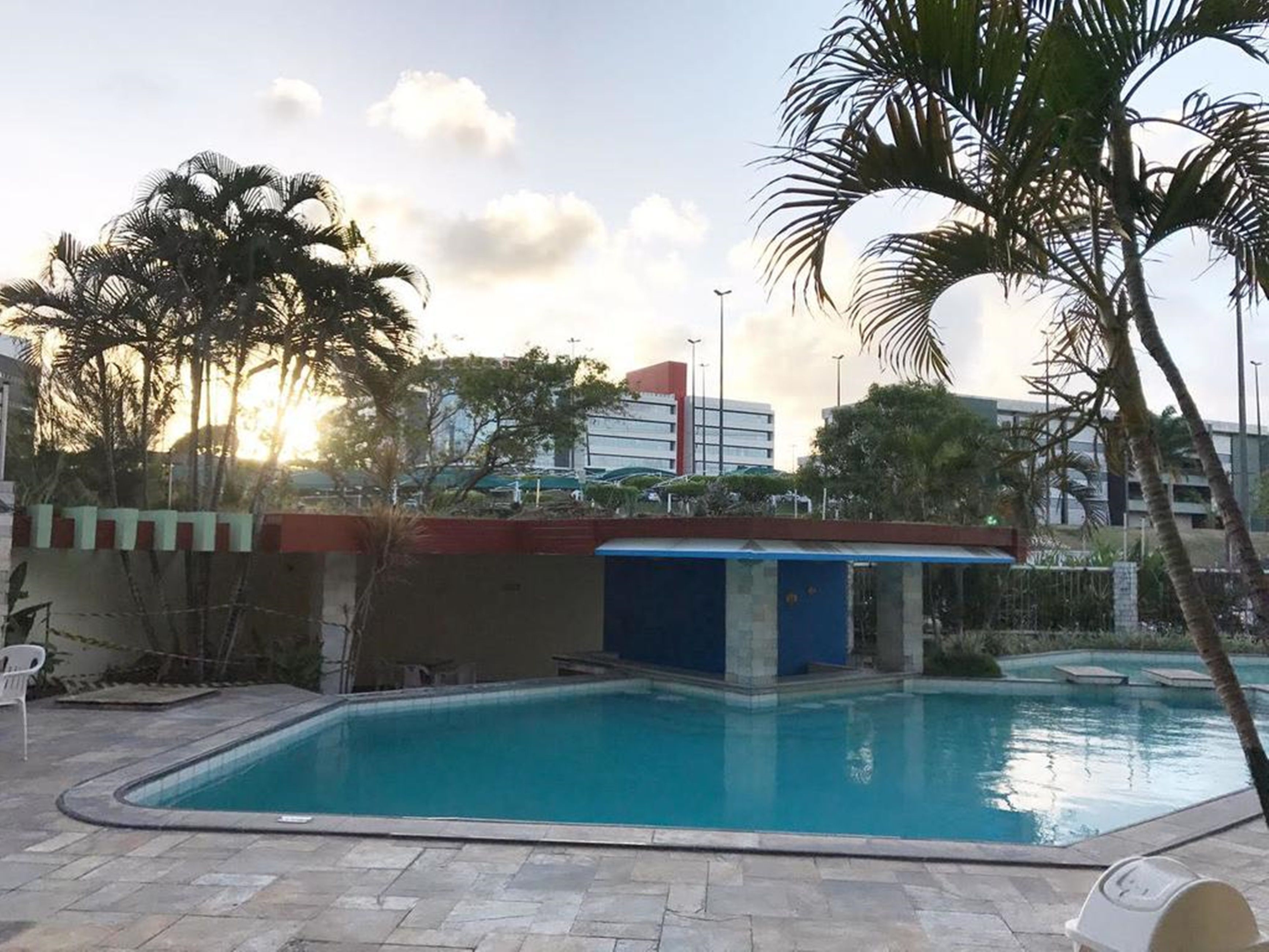 Uma piscina com uma pequena construção adjacente, rodeada por palmeiras e um deck pavimentado.