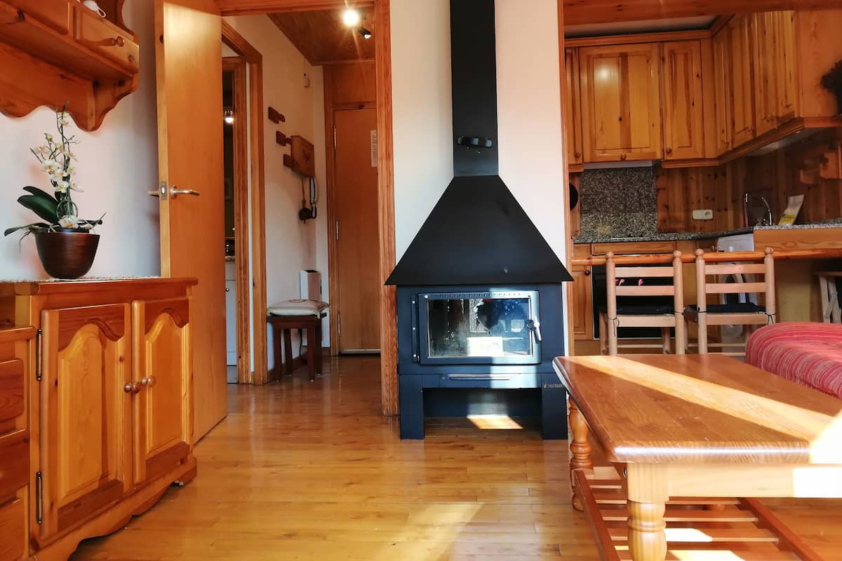 Un interior de madera con una estufa negra central, armarios de madera, un comedor y una planta en maceta.