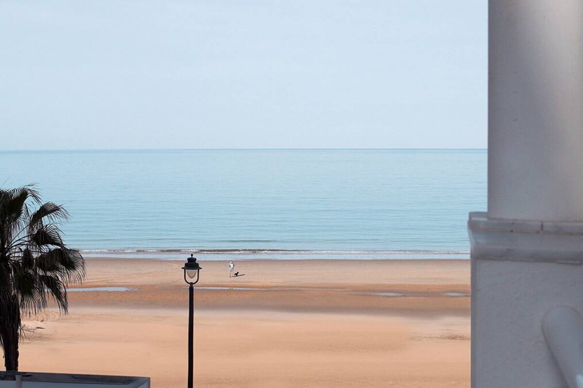 A beach view from a balcony with a palm tree and a street lamp.
