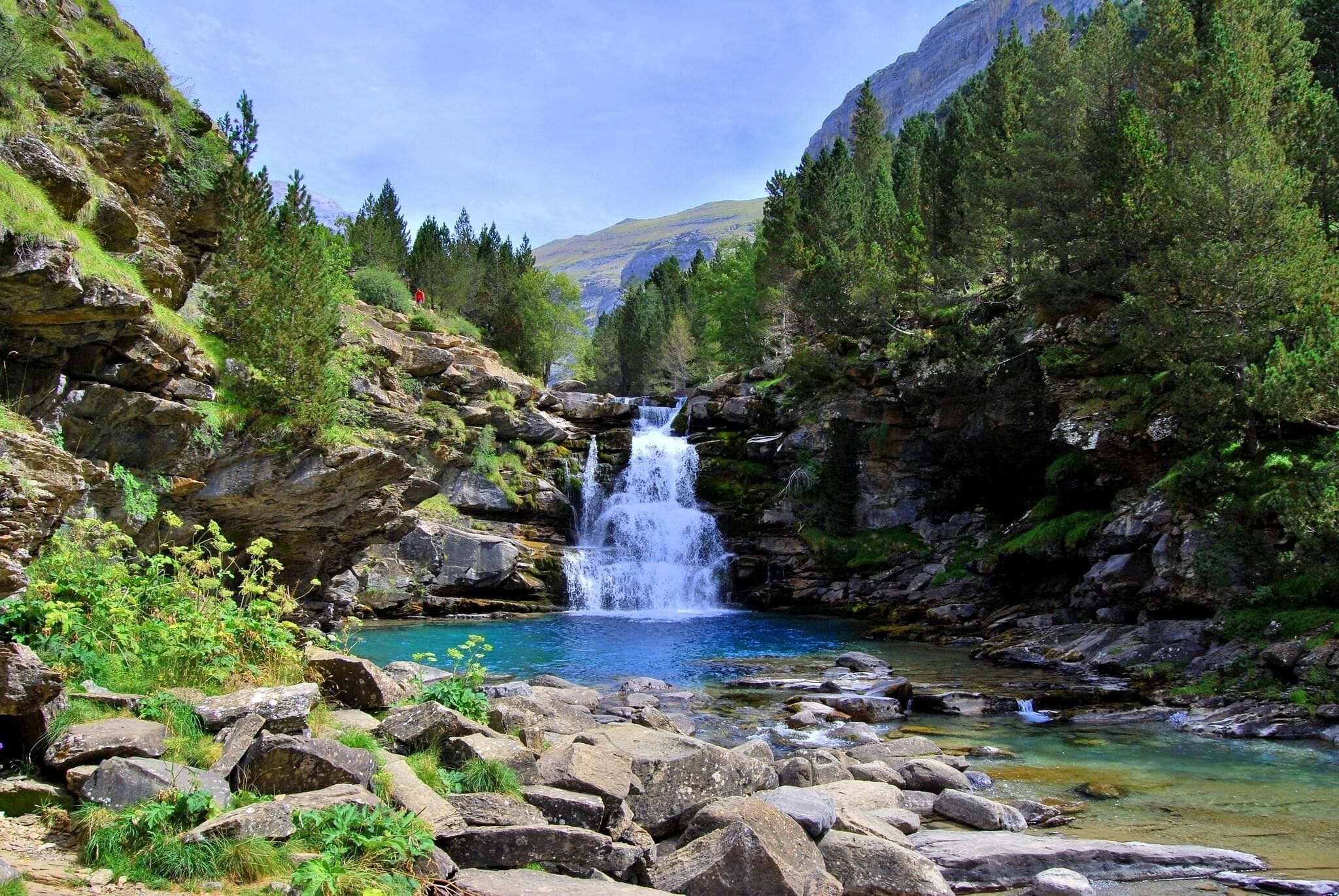 Una cascada se precipita en una poza cristalina rodeada de terreno rocoso y un bosque frondoso.