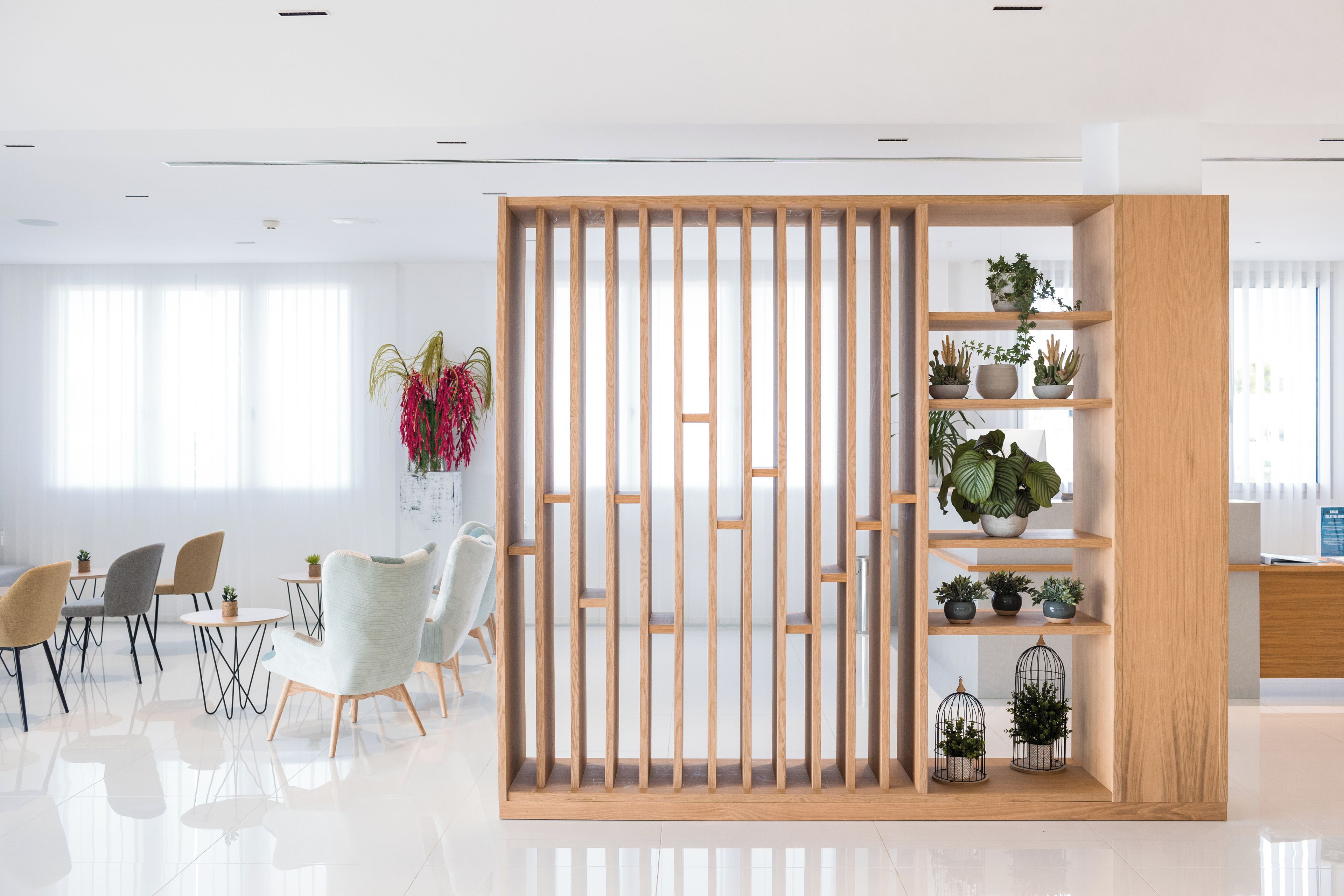 A modern office space with a wooden partition, round tables, and chairs, and shelves with potted plants.
