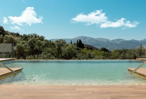 Ein klares Schwimmbecken mit Blick auf Berge und Bäume im Hintergrund.