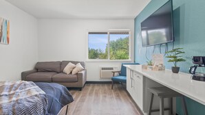 Een moderne kamer met een bank, een bed, een bureau en een televisie.