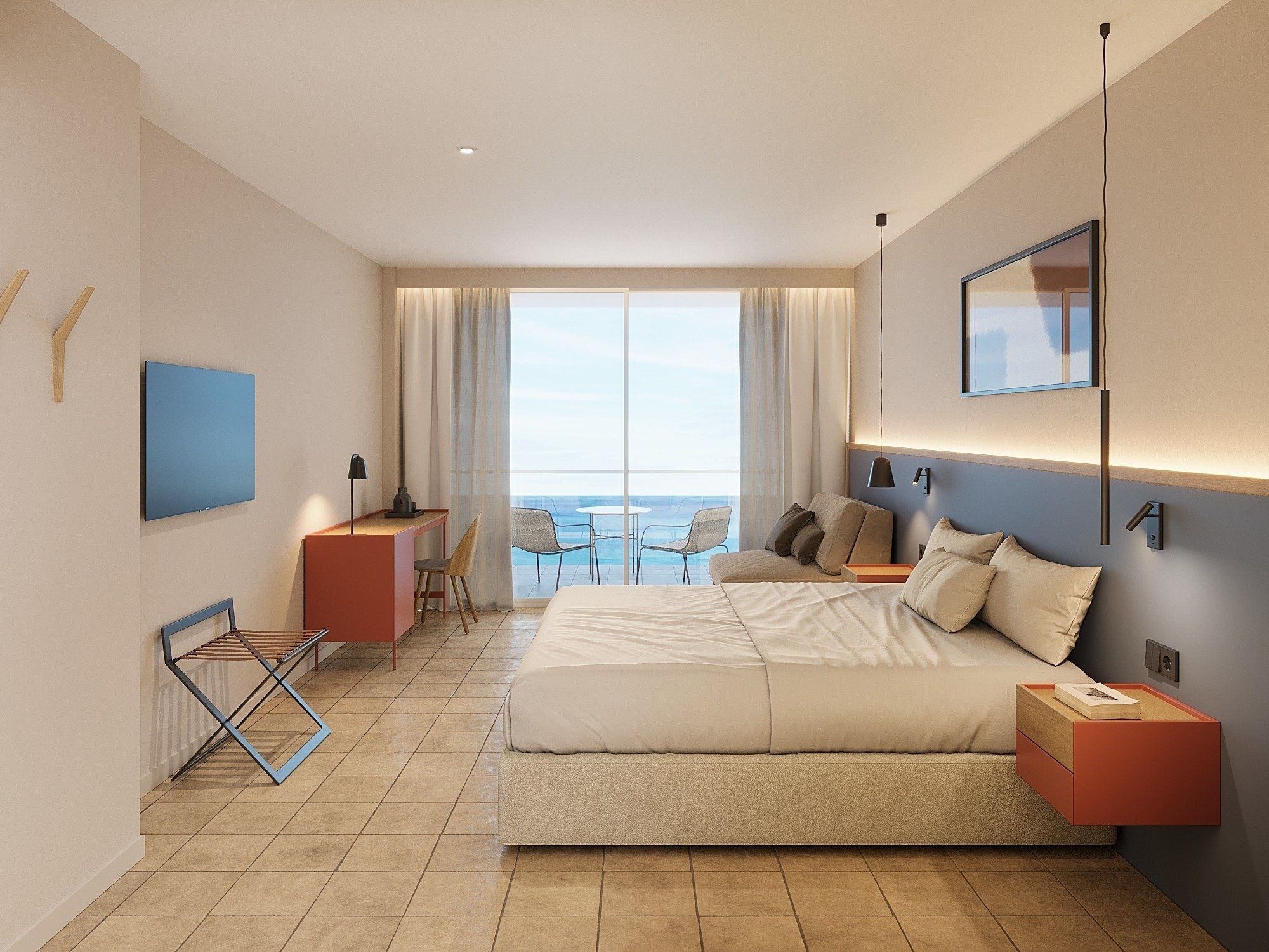A modern hotel room with a large bed, a desk, and a balcony with a view of the sea.
