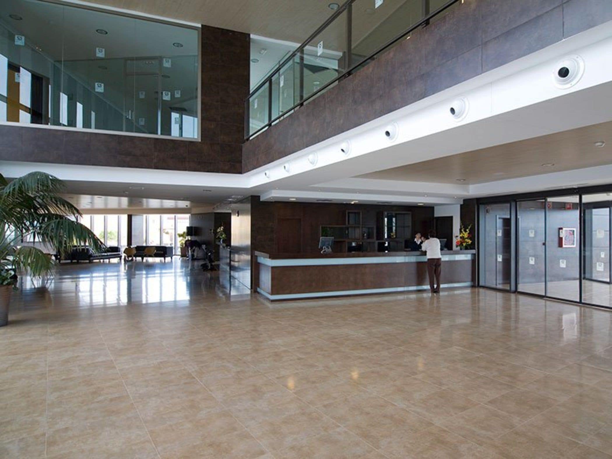 A spacious lobby with a reception desk, a large potted plant, and a glass railing overlooking the area.