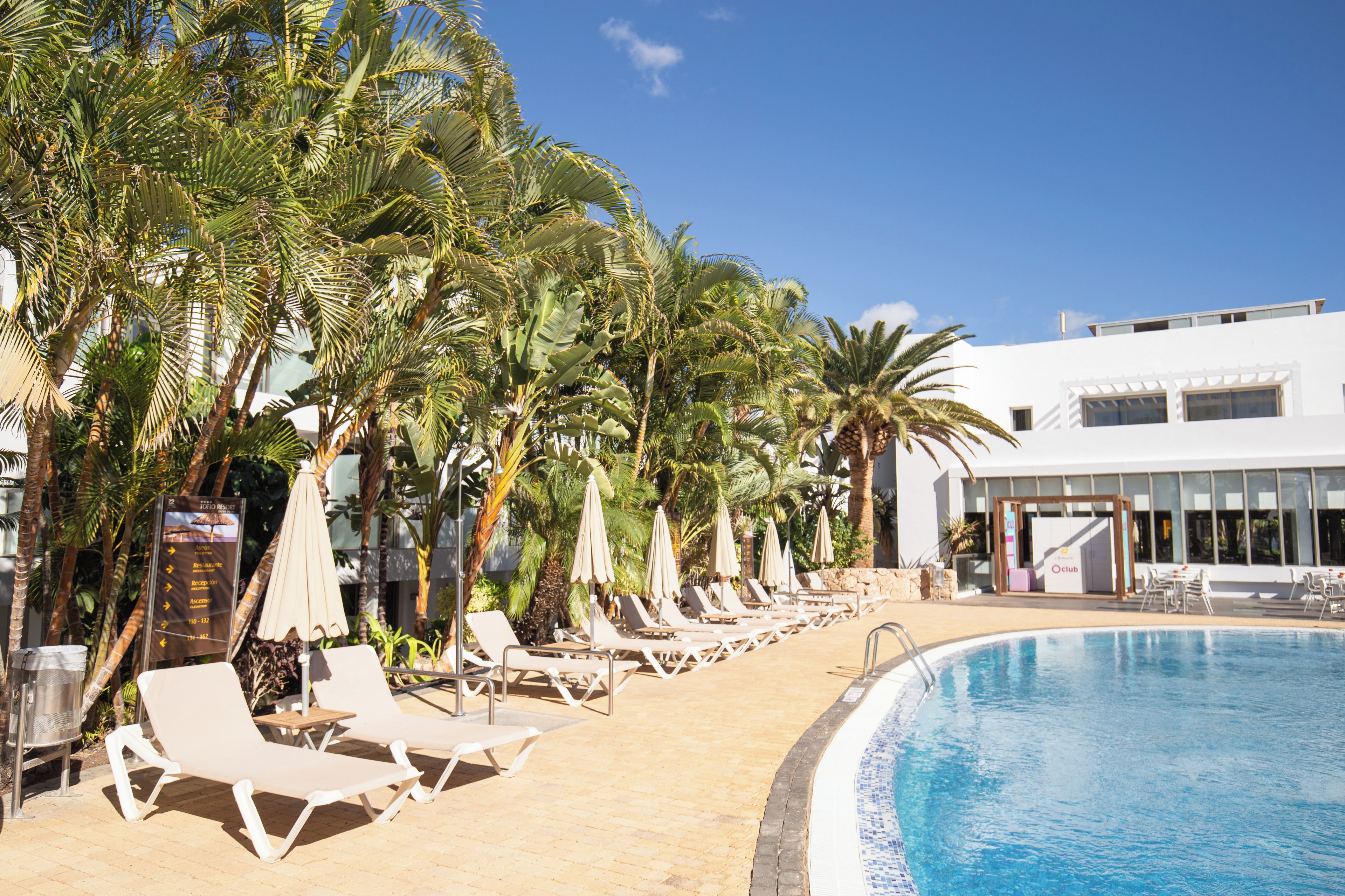 Zona de piscina con sillas de descanso y sombrillas, palmeras y un edificio con un cartel que dice "Oceania".