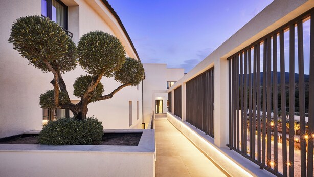 A modern building with a narrow pathway, large windows, and a well-maintained tree. - Hotel Boutique Molino De Enmedio (Hueneja)