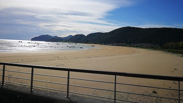 Una playa con una barandilla metálica en primer plano, una orilla arenosa y colinas al fondo.