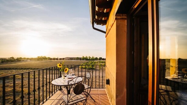 A balcony with a table set for two, overlooking a vineyard. - Abba Las Viñas Tiedra Hotel Rural (Tiedra)
