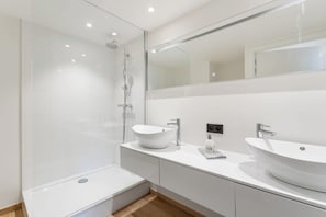 Shower, hair dryer, towels