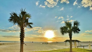 A beach with palm trees and a gazebo. - Tranquil villa with private beach, 2br/2ba 3 pools, complex on beach!! Patio (Sarasota)