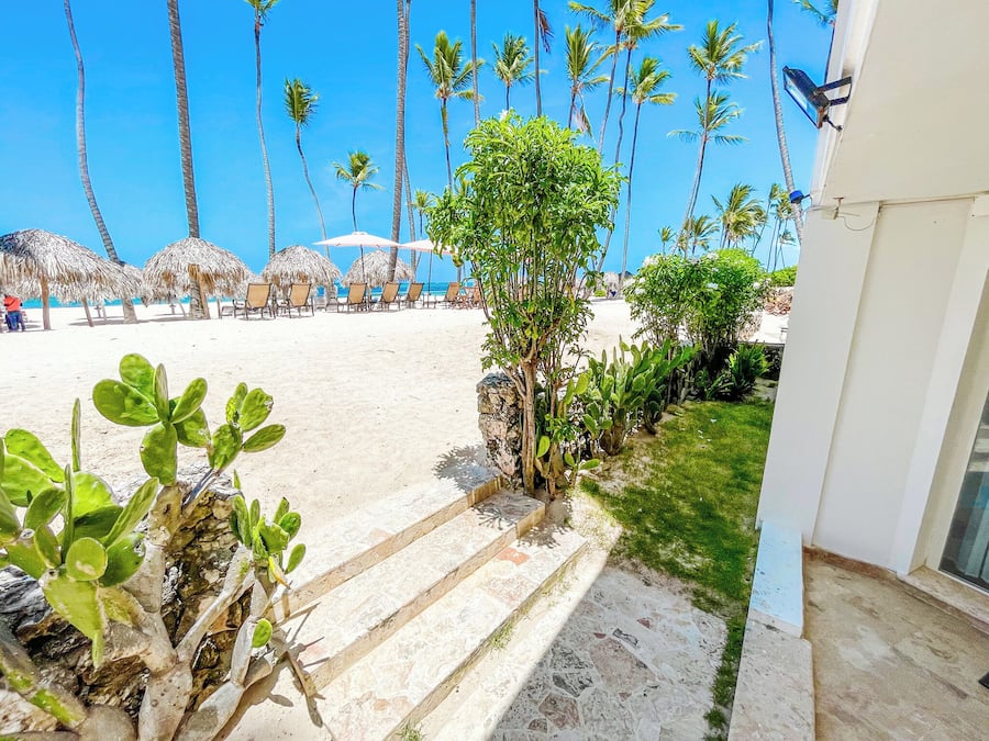 A beach with palm trees, a thatched-roof structure, and a paved pathway leading to a building.