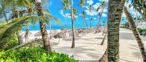 Aan het strand, wit zand, windsurfen, 4 strandbars