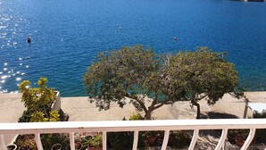 Une vue sur la côte, avec une mer bleue et limpide, un balcon bordé d’arbres et des collines à l’horizon.