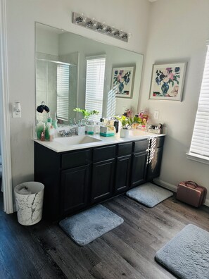 Ducha, secador de pelo, toallas y papel higiénico