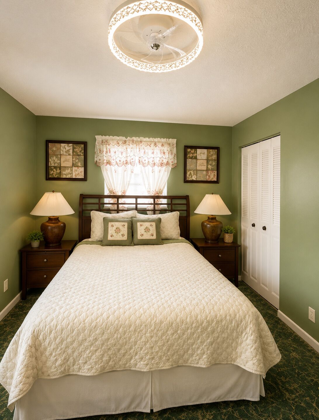 A bedroom with a bed, two nightstands, a ceiling fan, a window with floral curtains, and a wardrobe.