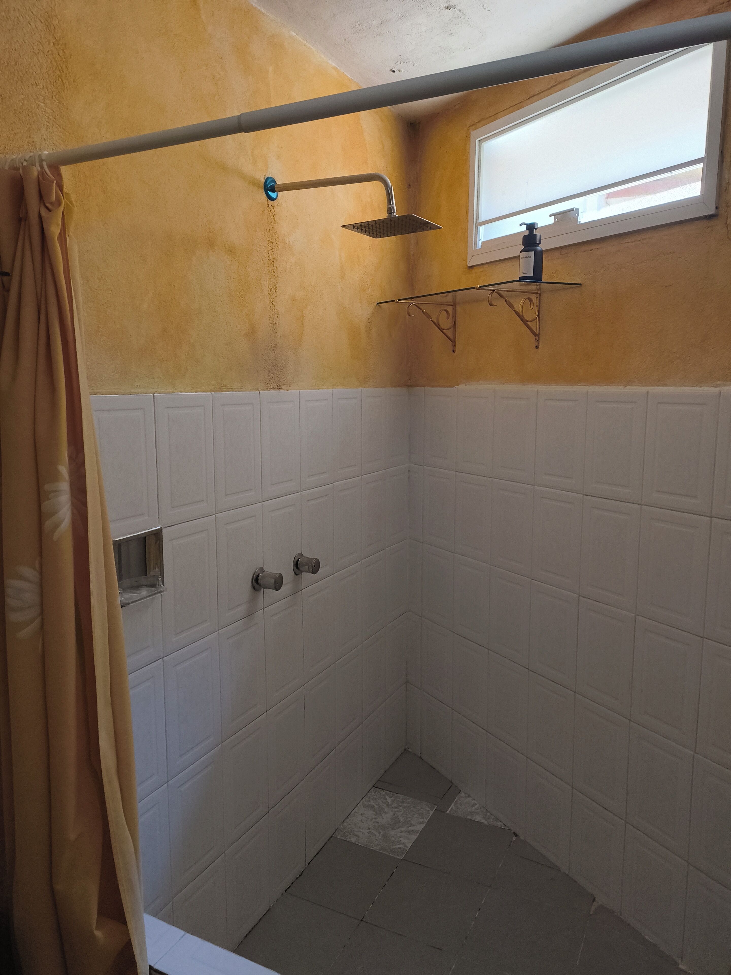 Shower, towels, soap, toilet paper