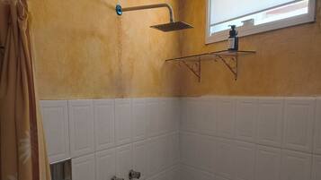 Shower, towels, soap, toilet paper