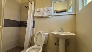 Regadera, toallas, jabón, papel de baño