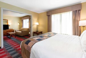 A hotel room with a large bed, a desk, a chair, and a television.