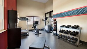 Ett gym med träningsredskap, hantlar och en träningsbänk.
