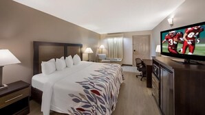 Habitación de hotel con una cama grande, un escritorio, un televisor y una ventana con cortinas.
