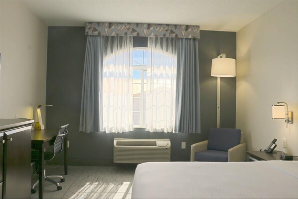 A hotel room with a bed, a desk with a lamp, a chair, a heater, and a window with curtains. - Quality Inn & Suites Roswell (Roswell)