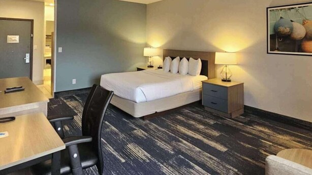 A hotel room with a bed, two bedside tables with lamps, a desk with a chair, and a carpeted floor.