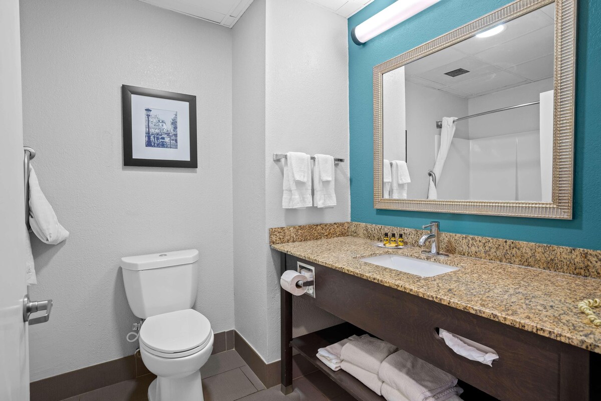 A bathroom with a toilet, sink, mirror, towels, and a framed picture on the wall.