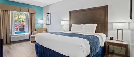 Camera d'albergo con un letto grande, una finestra con tende, un comodino con una lampada e una TV a muro.