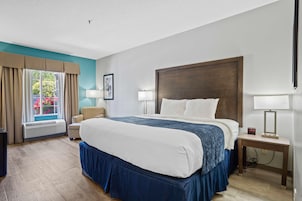Quarto de hotel com uma cama grande, janela com cortinas, mesa de cabeceira com abajur e televisão na parede.