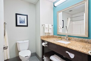 Un baño con inodoro, lavamanos, espejo y toallero.