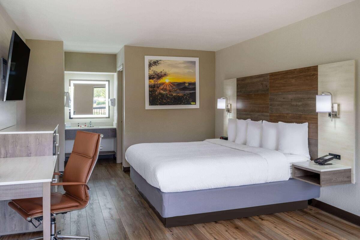 A hotel room with a bed, a desk, a chair, a TV, a painting, and a nightstand with a phone.