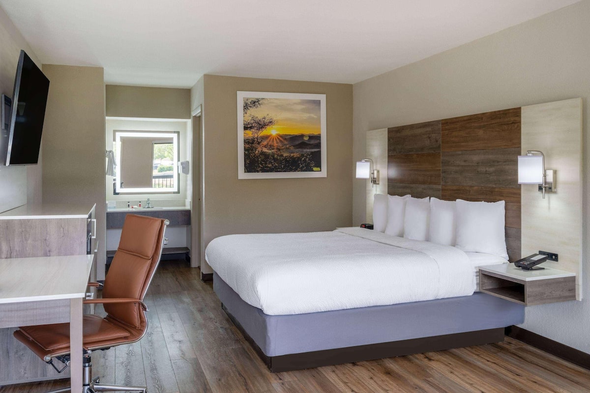 A hotel room with a bed, a desk, a chair, a TV, a painting, and a nightstand with a phone.